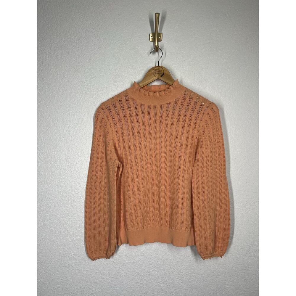 J. Crew Womens Pointelle Ruffle Mock Neck Sweater Top Large Melon Orange Sheer